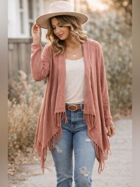 LOVE TREE Dusty Rose Fringe Hem Open Front Waterfall Cardigan Sz L Soft Boho